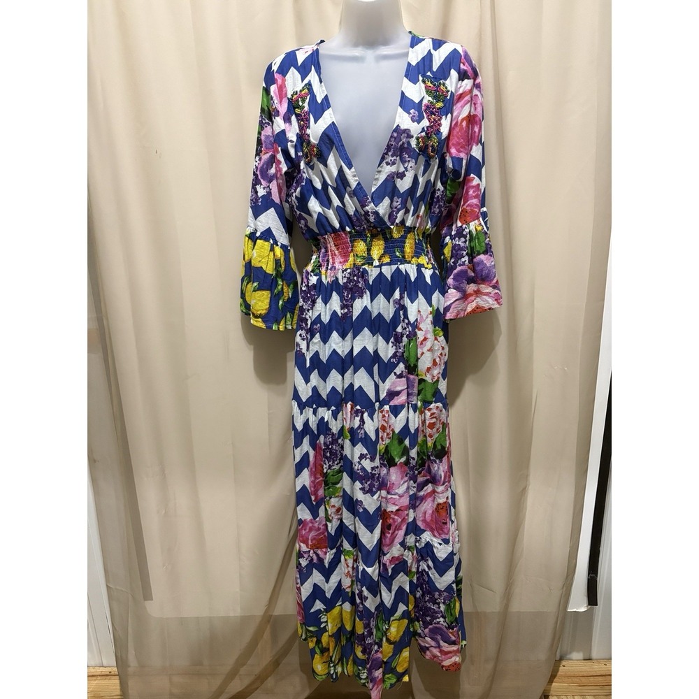ANTICA SARTORIA BLUE & WHITE WITH LEMONS Dress/ Cover Up/ Kaftan